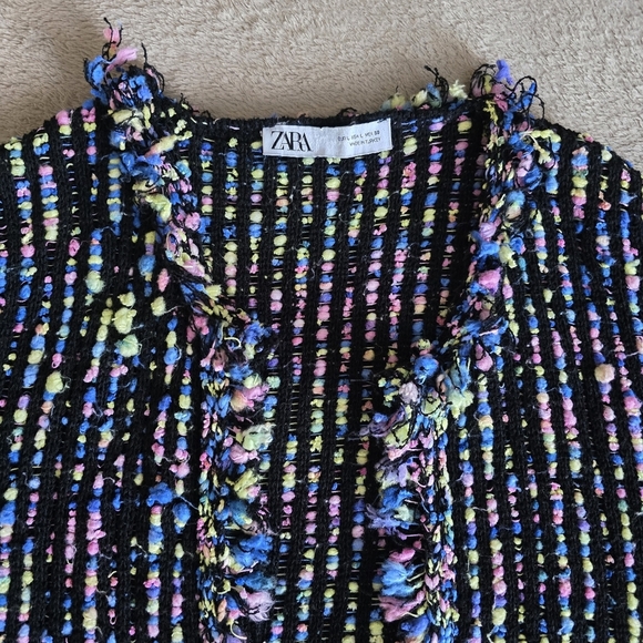 Zara multicolor knit tweed open front fringe cardigan size large - Picture 6 of 15